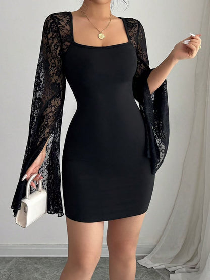 Black Lace Bell Sleeve Square Neck Bodycon Mini Dress