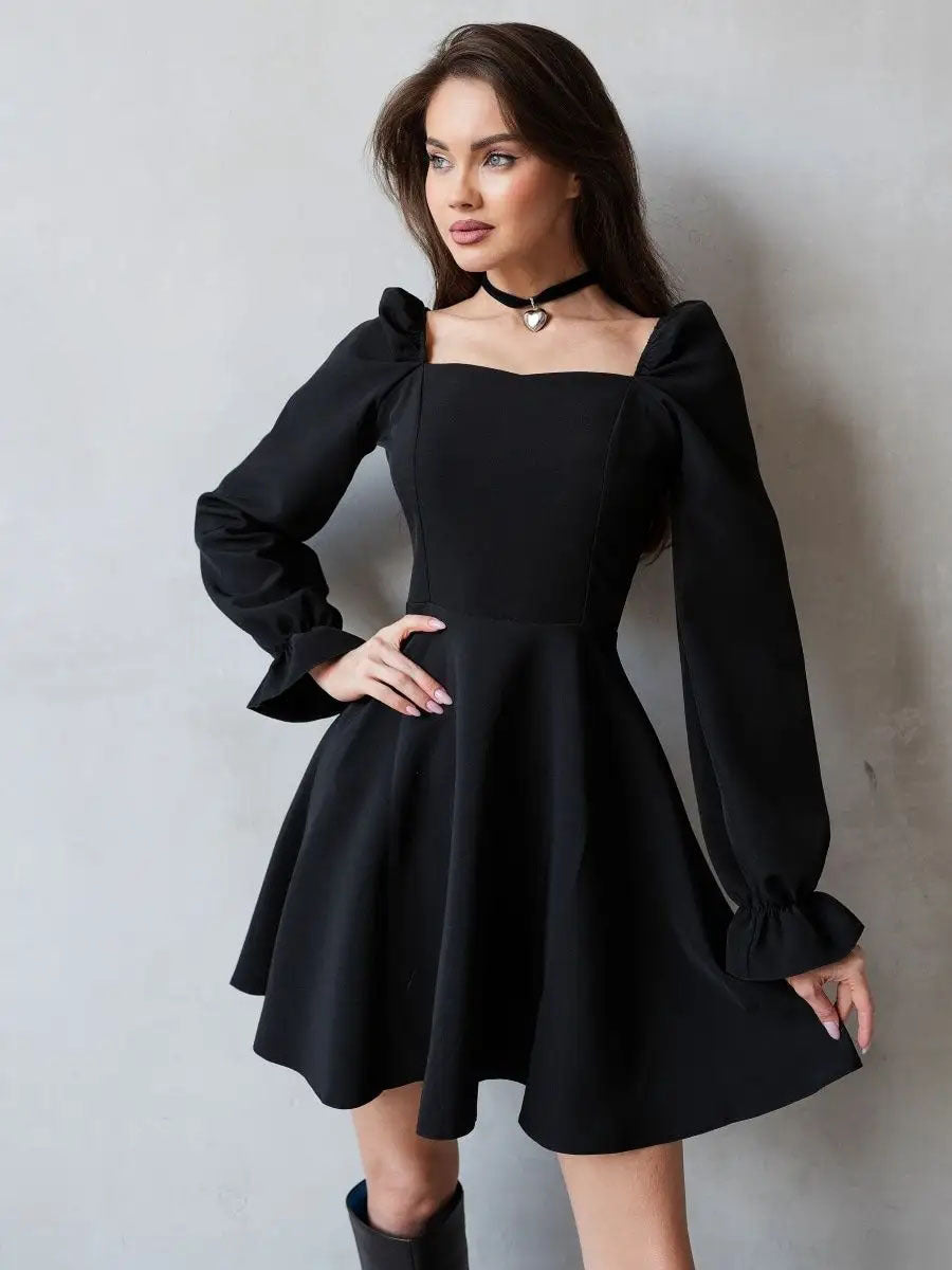 Black Satin Square Neck Puff Sleeve Party Dress