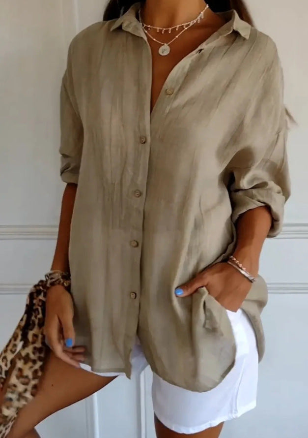 Women's Oversized Pleated Button Down Long Sleeve Shirt