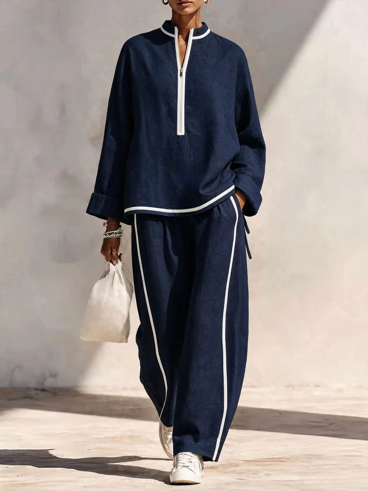 Women's Oversized Half Zip Top & Wide Leg Pants Set