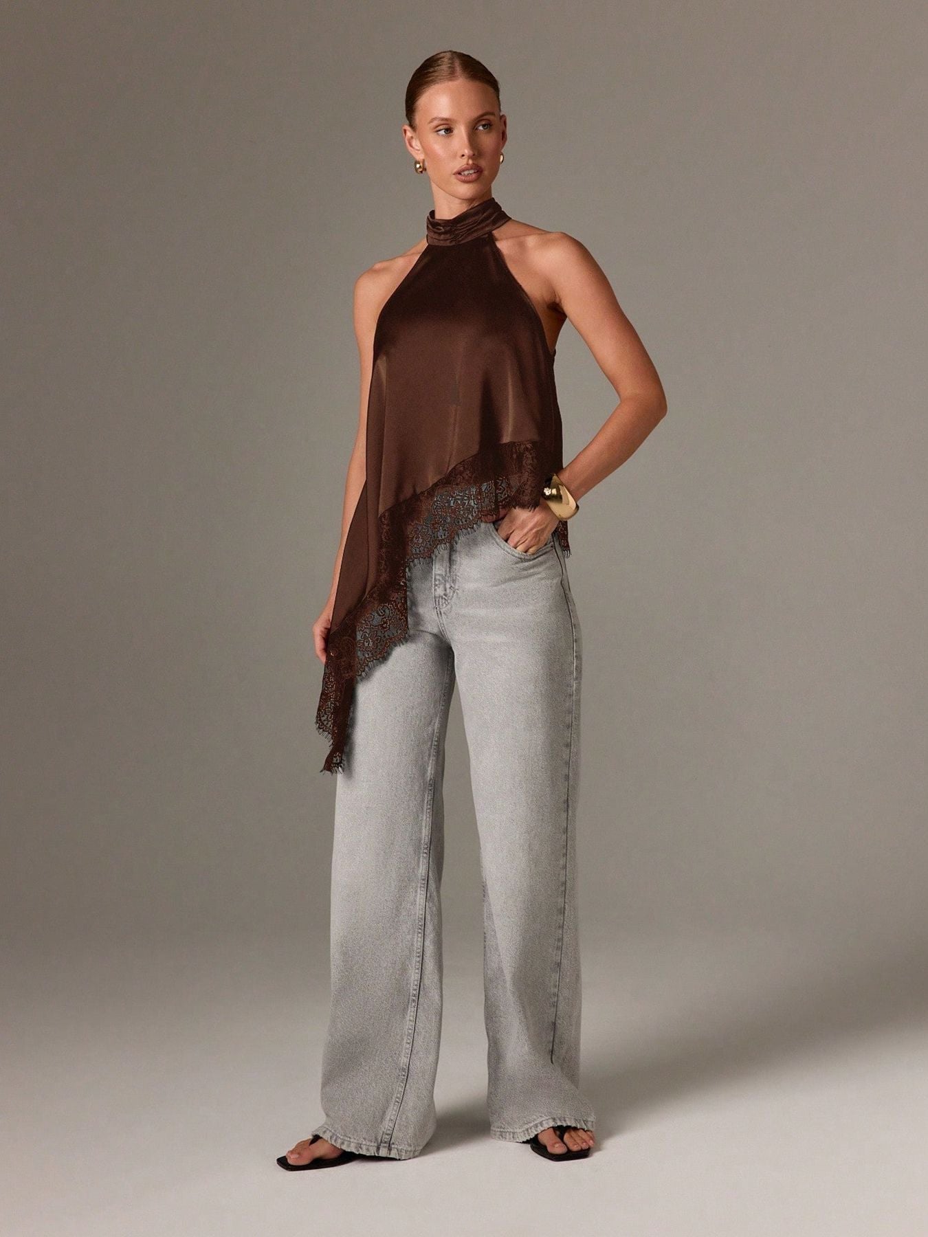 Satin Lace Trim Halter Tank Sleeveless Summer Top