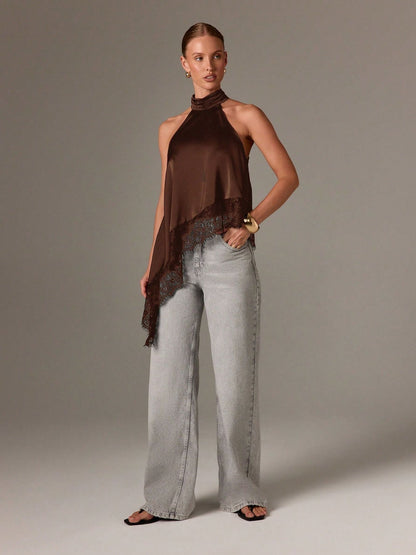 Satin Lace Trim Halter Tank Sleeveless Summer Top