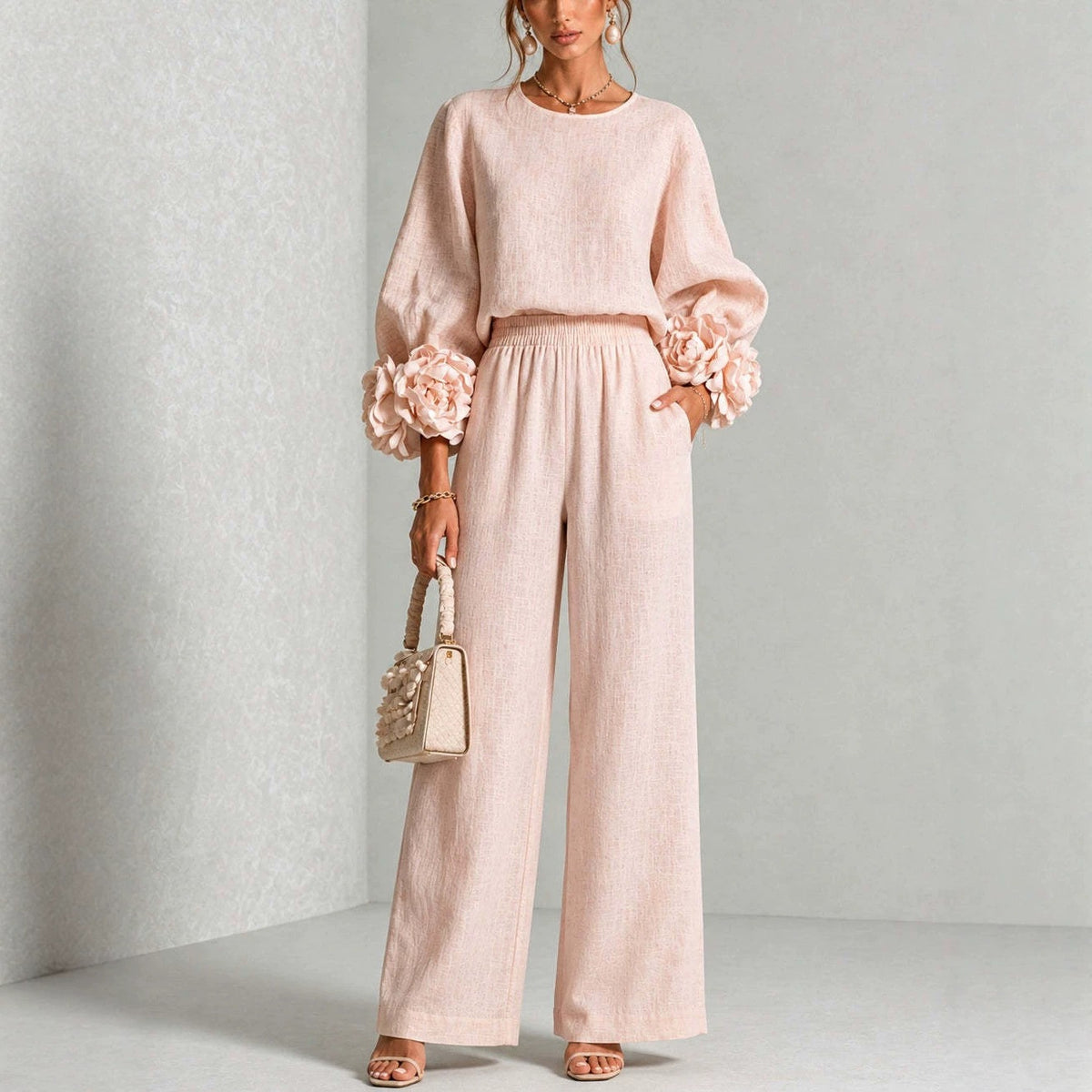Women's Floral Cuff Top Wide Leg Pants Matching Set