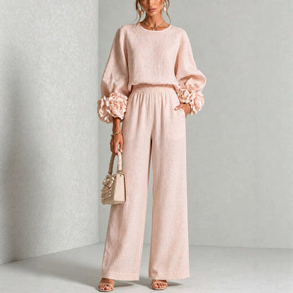 Women's Floral Cuff Top Wide Leg Pants Matching Set