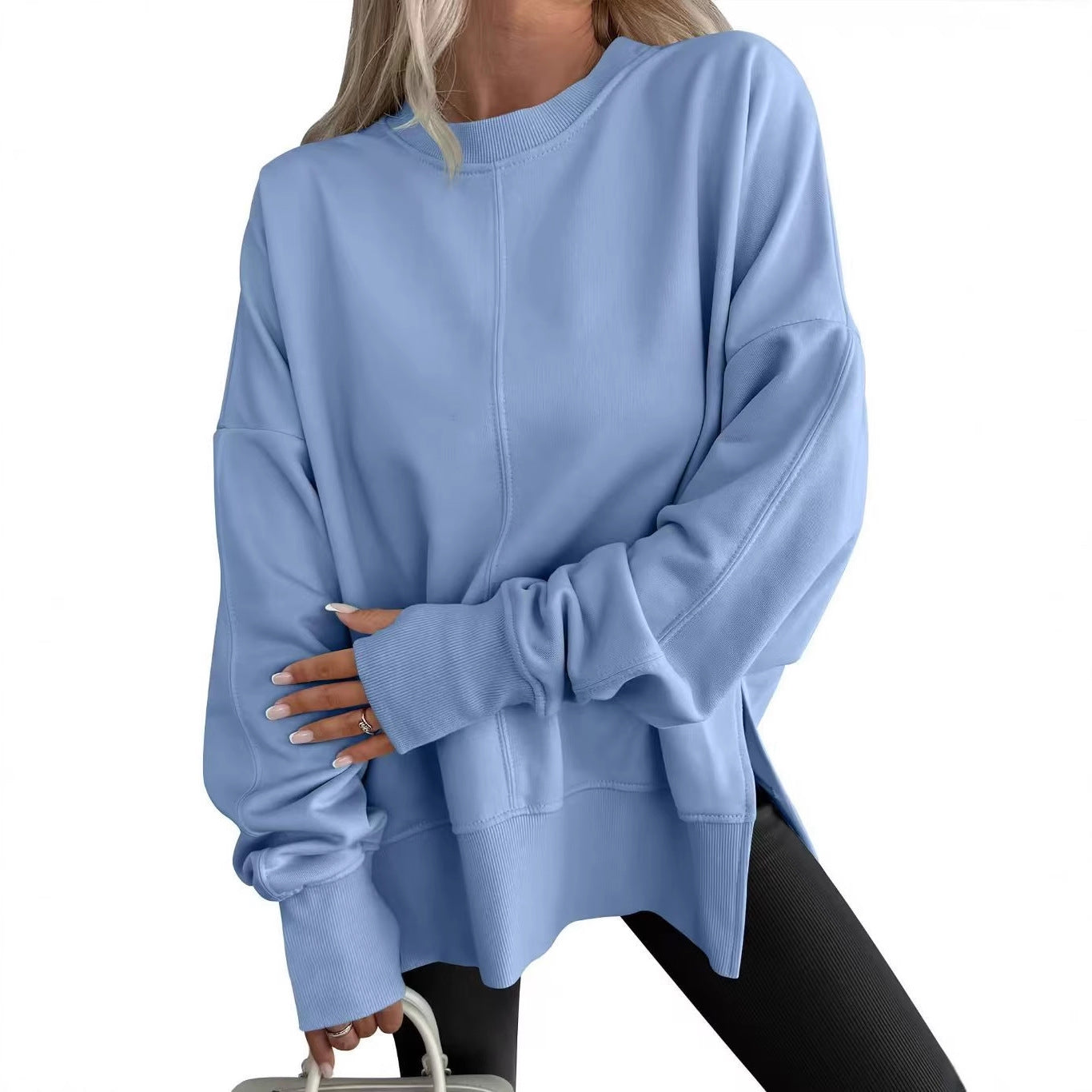 Oversized Crewneck Sweatshirt Batwing Side Slit Fleece