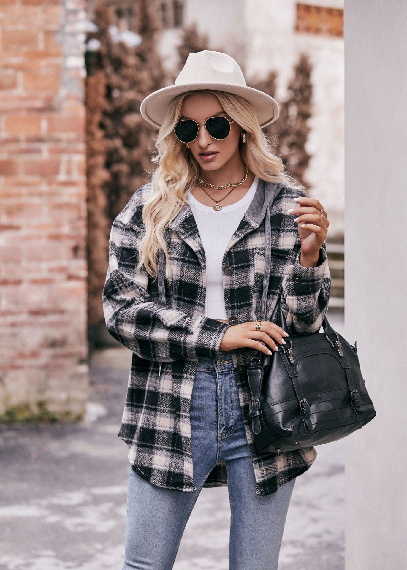Black Women's Hooded Plaid Flannel Shacket Oversized Jacket
