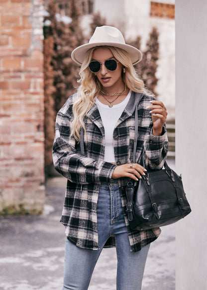 Black Women's Hooded Plaid Flannel Shacket Oversized Jacket