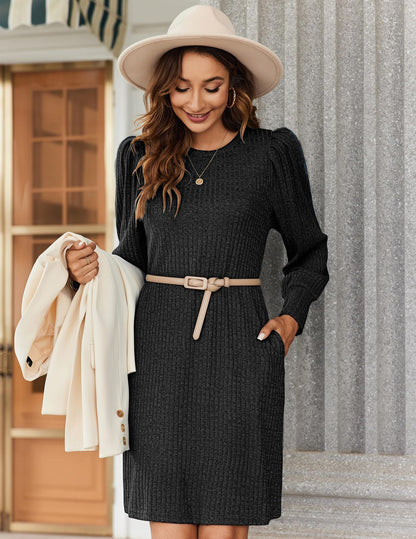 Brushed Rib Knit Long Sleeve Casual A-Line Sweater Dress