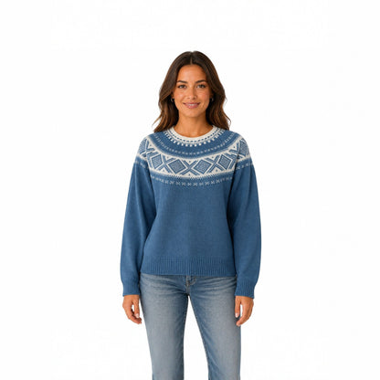 Womens Nordic Fair Isle Sweater Oversized Crewneck Blue
