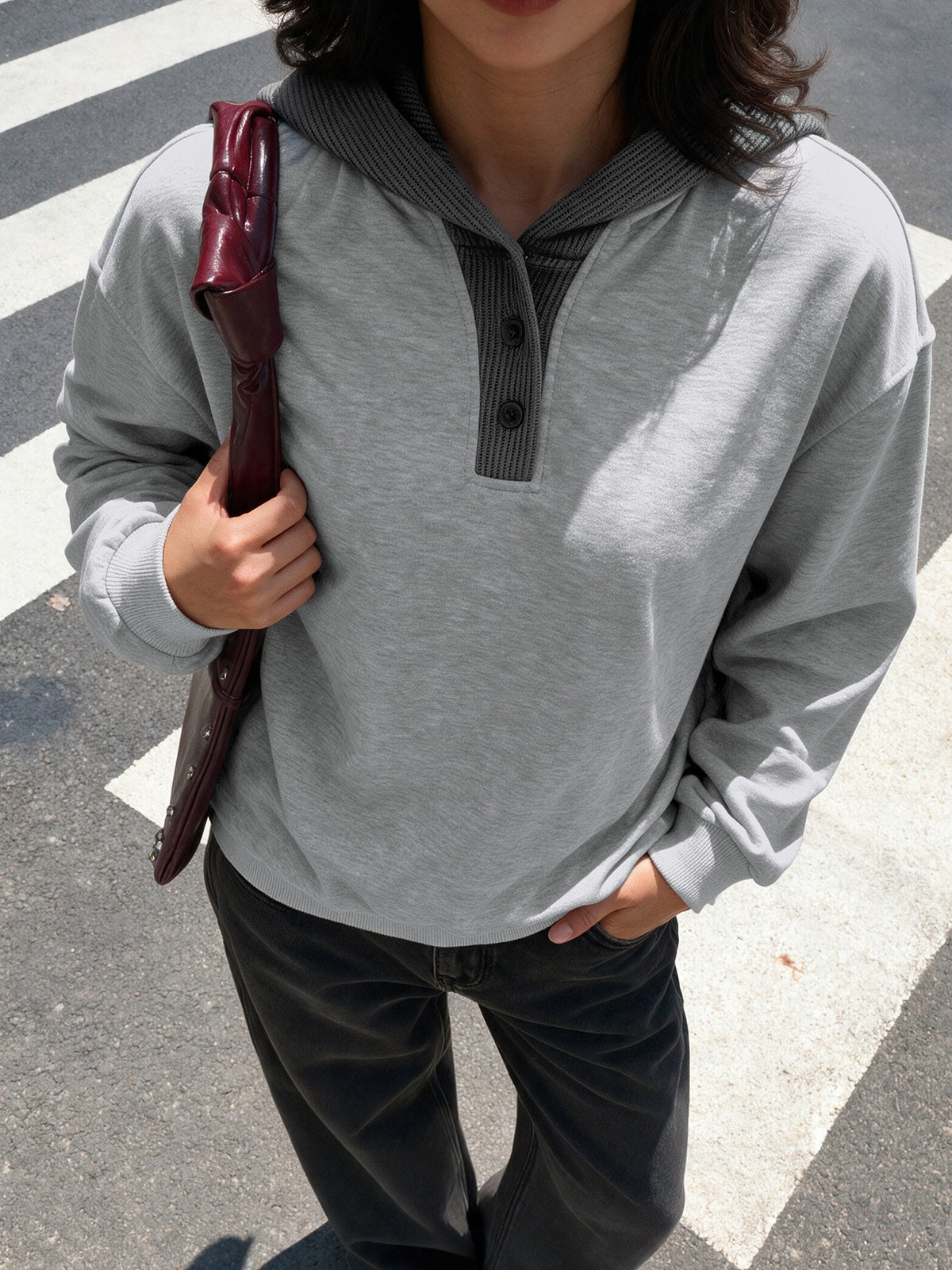 Women's Oversized Color Block Henley Hoodie