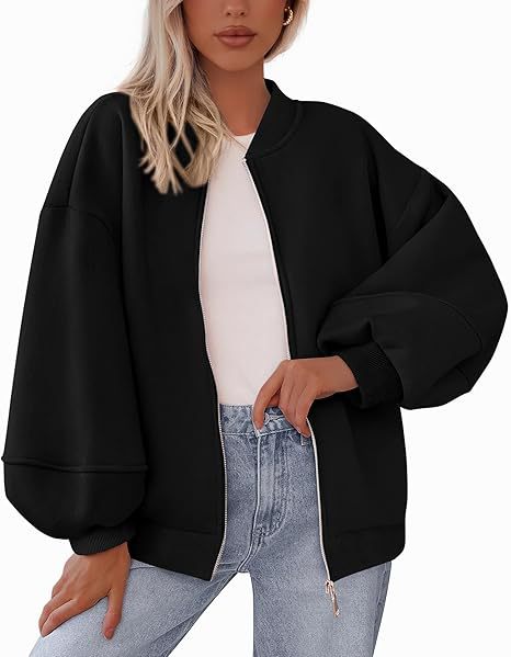 Women's Oversized Zip Up Bomber Jacket Lantern Sleeve