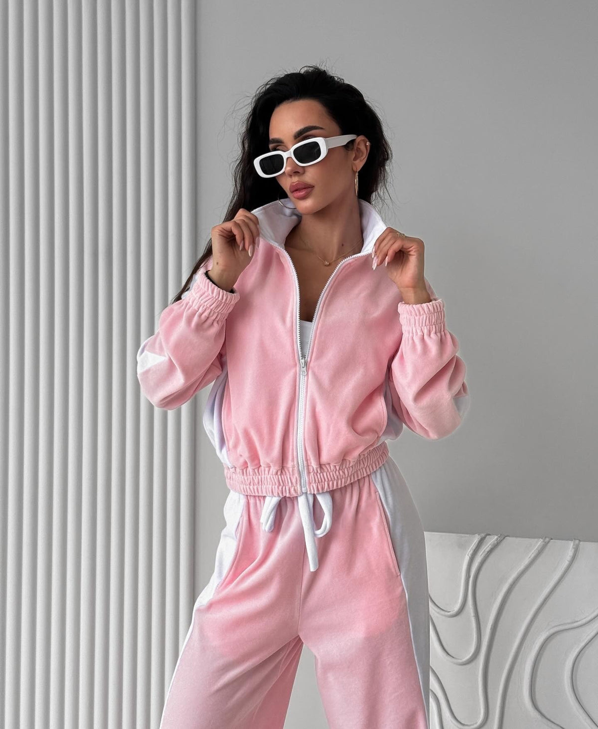Velvet Tracksuit Color Block Zip Jacket Pants Set