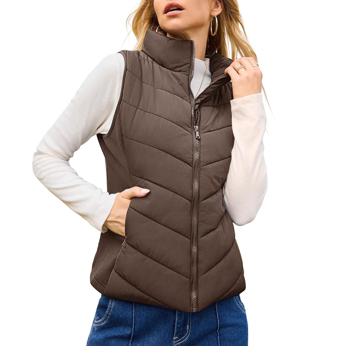 Women's Quilted Zip Up Puffer Vest Sleeveless Jacket