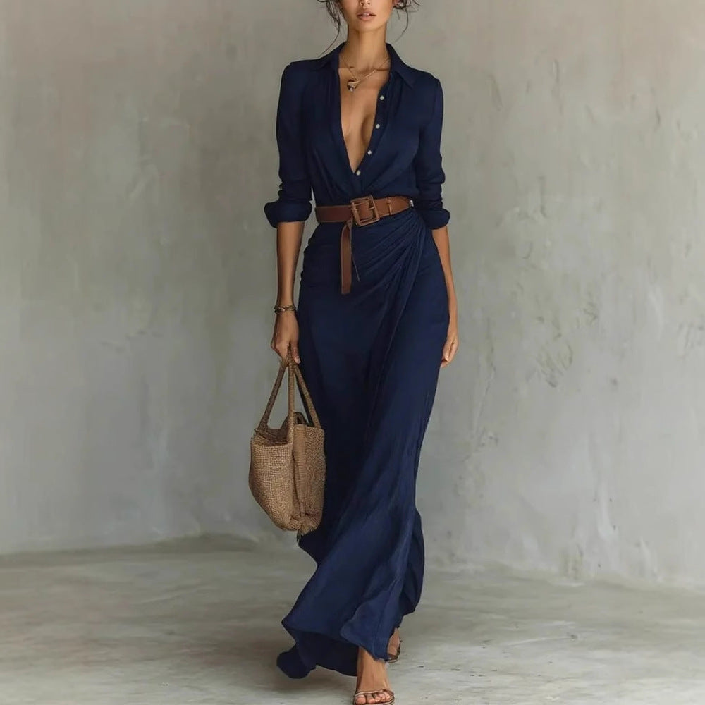 Elegant Ruched Belted Long Sleeve Asymmetric Maxi Dress