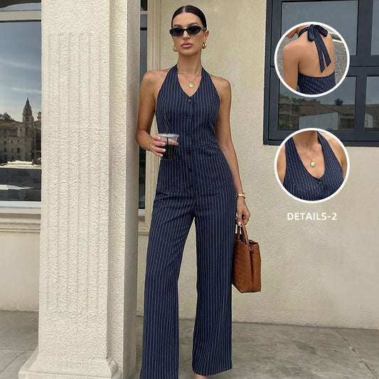 Striped Halter Backless Wide Leg Jumpsuit Office Chic