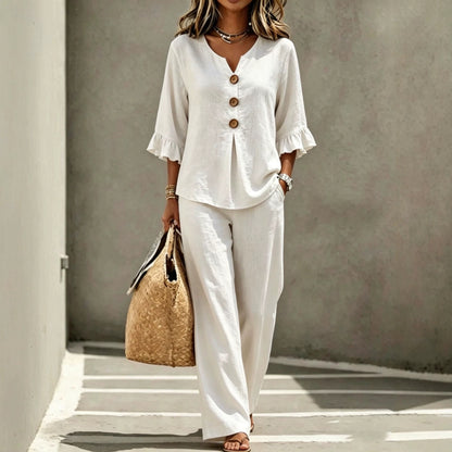 Women's V Neck Ruffle Sleeve Button Top Wide Leg Pants Set