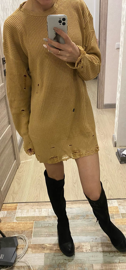 Women's Oversized Distressed Sweater Dress Crew Neck