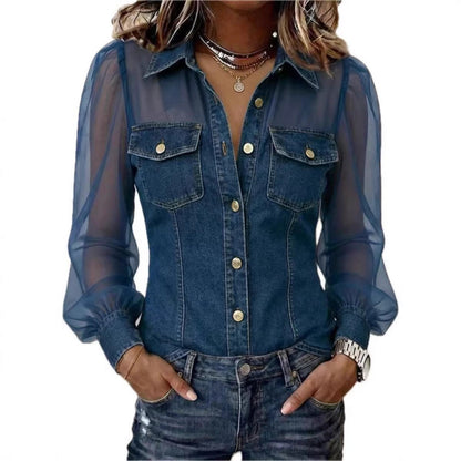 Women's Denim Shirt Sheer Long Sleeve Button Down