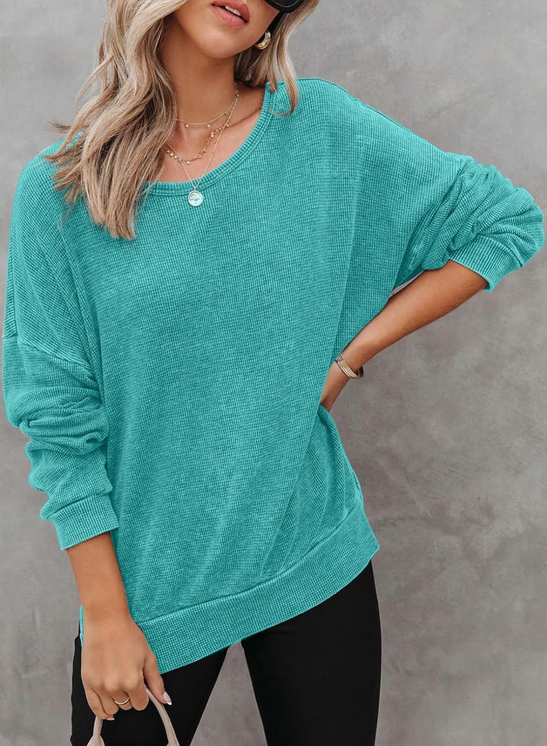 Waffle Split Hem Sweatshirt Women Casual Long Sleeve Top