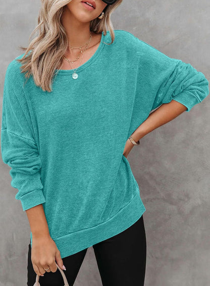 Waffle Split Hem Sweatshirt Women Casual Long Sleeve Top