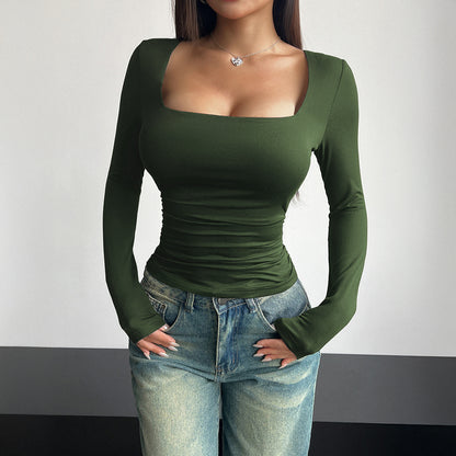 Women's Y2K Square Neck Long Sleeve Fitted Crop Top
