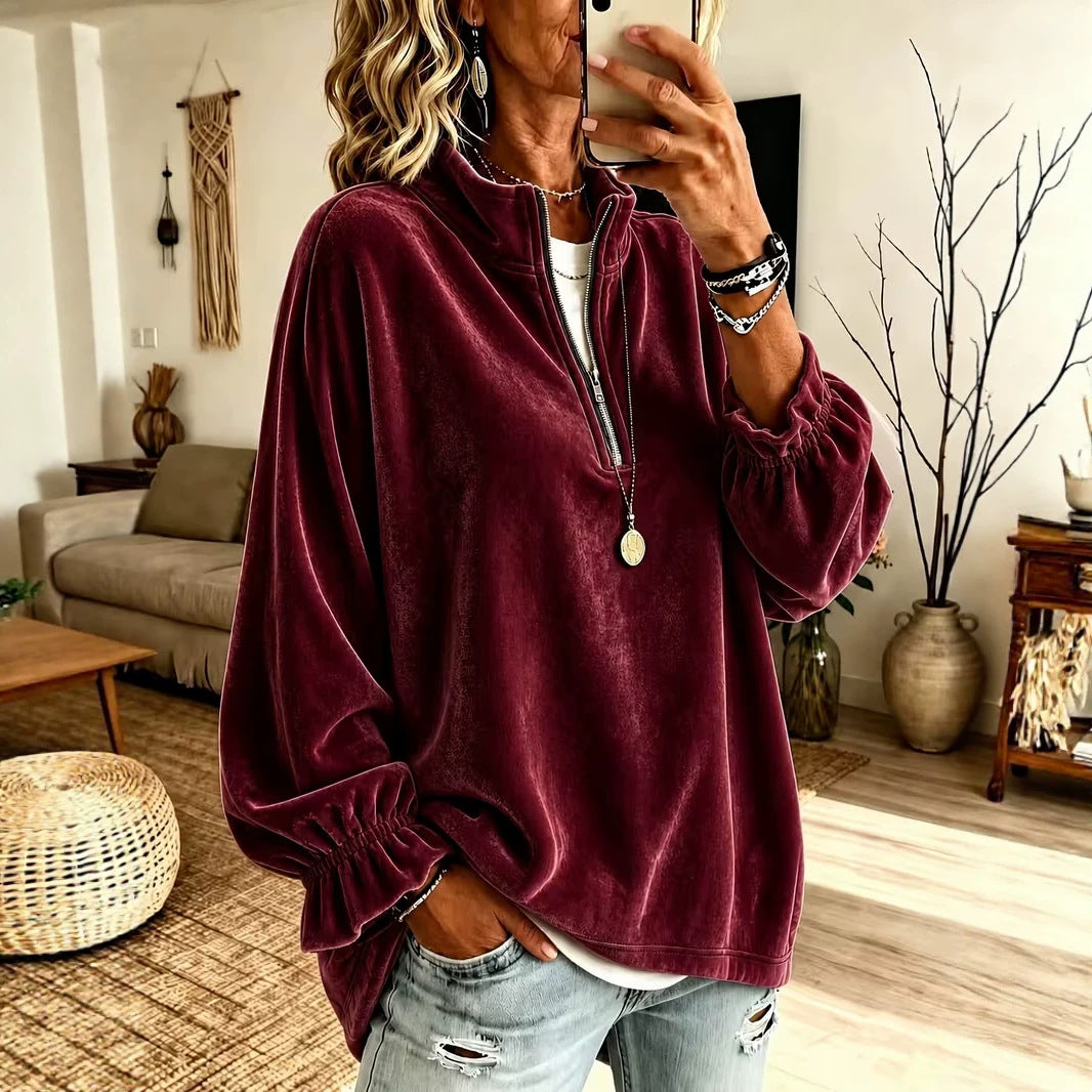 Women's Oversized Quarter Zip Velvet Sweatshirt Pullover