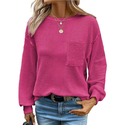 Women's Oversized Waffle Knit Crew Neck Pocket Top