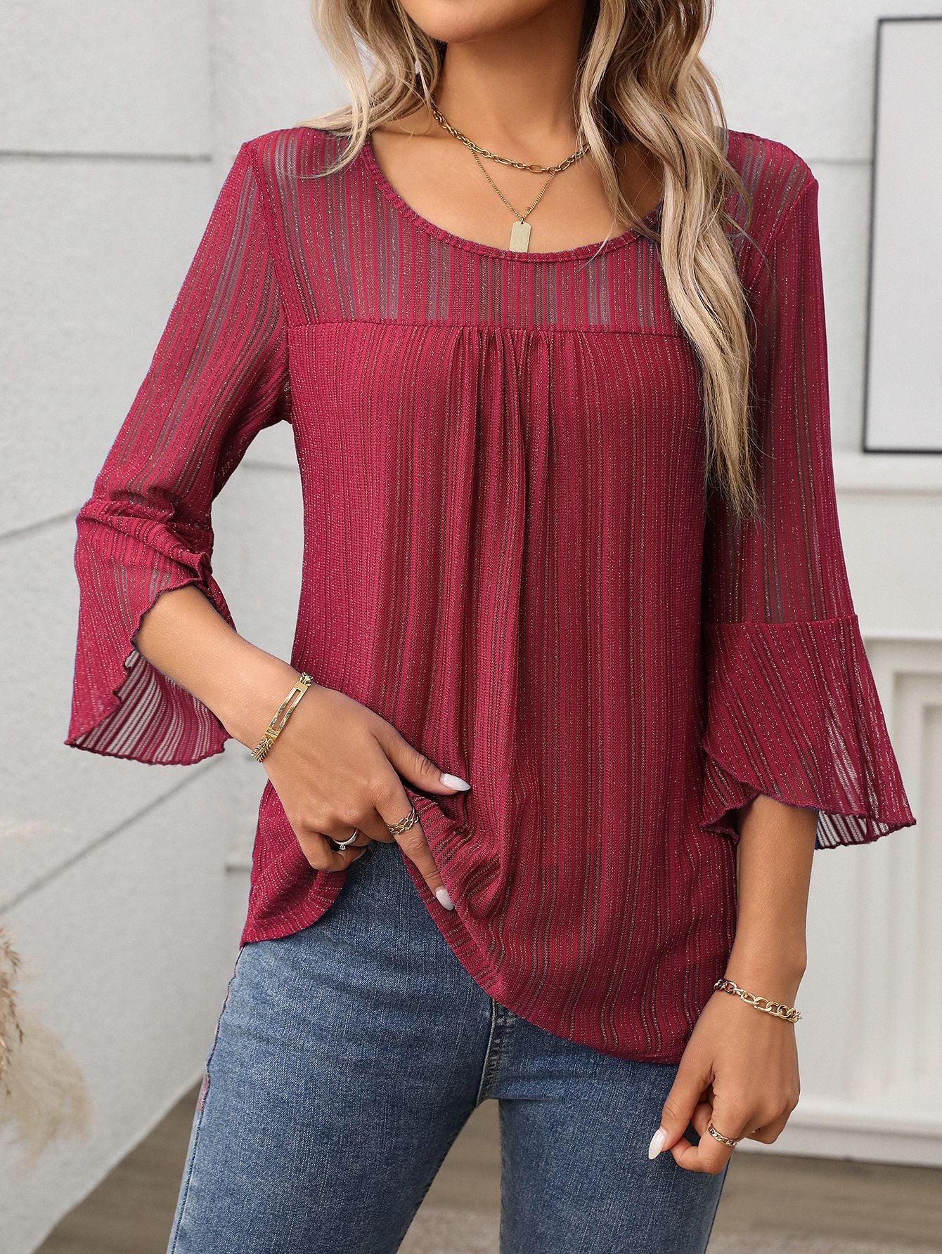 Elegant Round Neck Lotus Leaf Sleeve Mesh Top