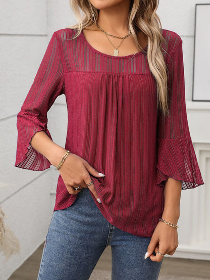 Elegant Round Neck Lotus Leaf Sleeve Mesh Top