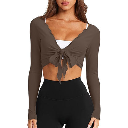 Women's V Neck Wrap Crop Top Long Sleeve Lettuce Trim Knit