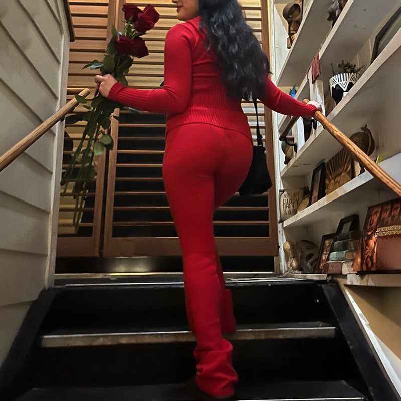 Women's Ribbed Knit Hoodie & Pants Two Piece Set