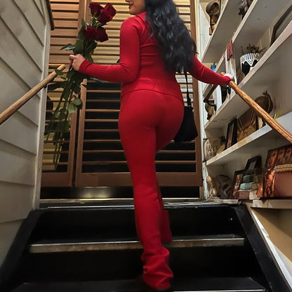Women's Ribbed Knit Hoodie & Pants Two Piece Set