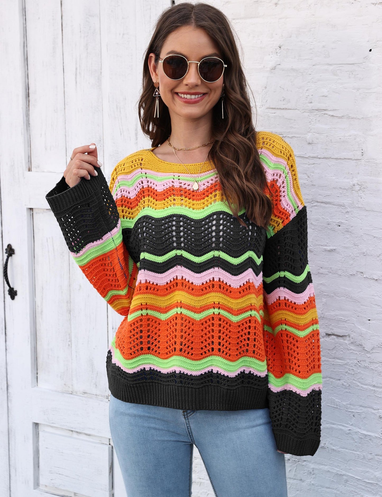 Women's Rainbow Pattern Intercolor Splicing Striped Long Sleeve Sweater