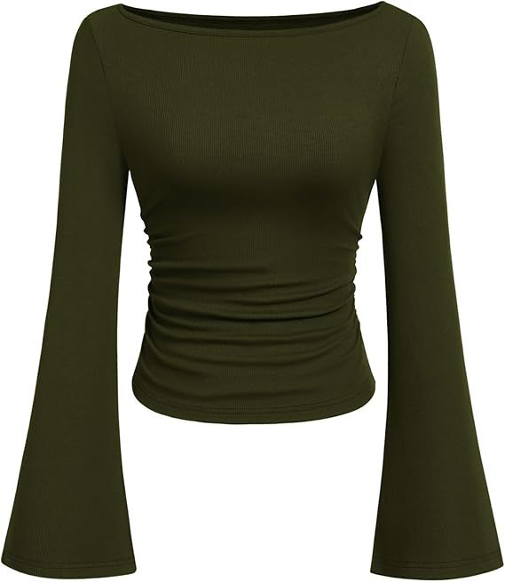 Women's Ruched Boat Neck Bell Sleeve Ribbed Top