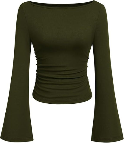 Women's Ruched Boat Neck Bell Sleeve Ribbed Top