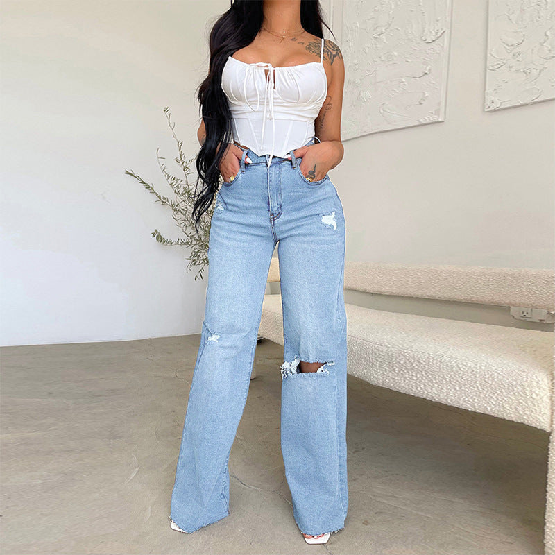 Women's High Waisted Ripped Wide Leg Jeans Raw Hem