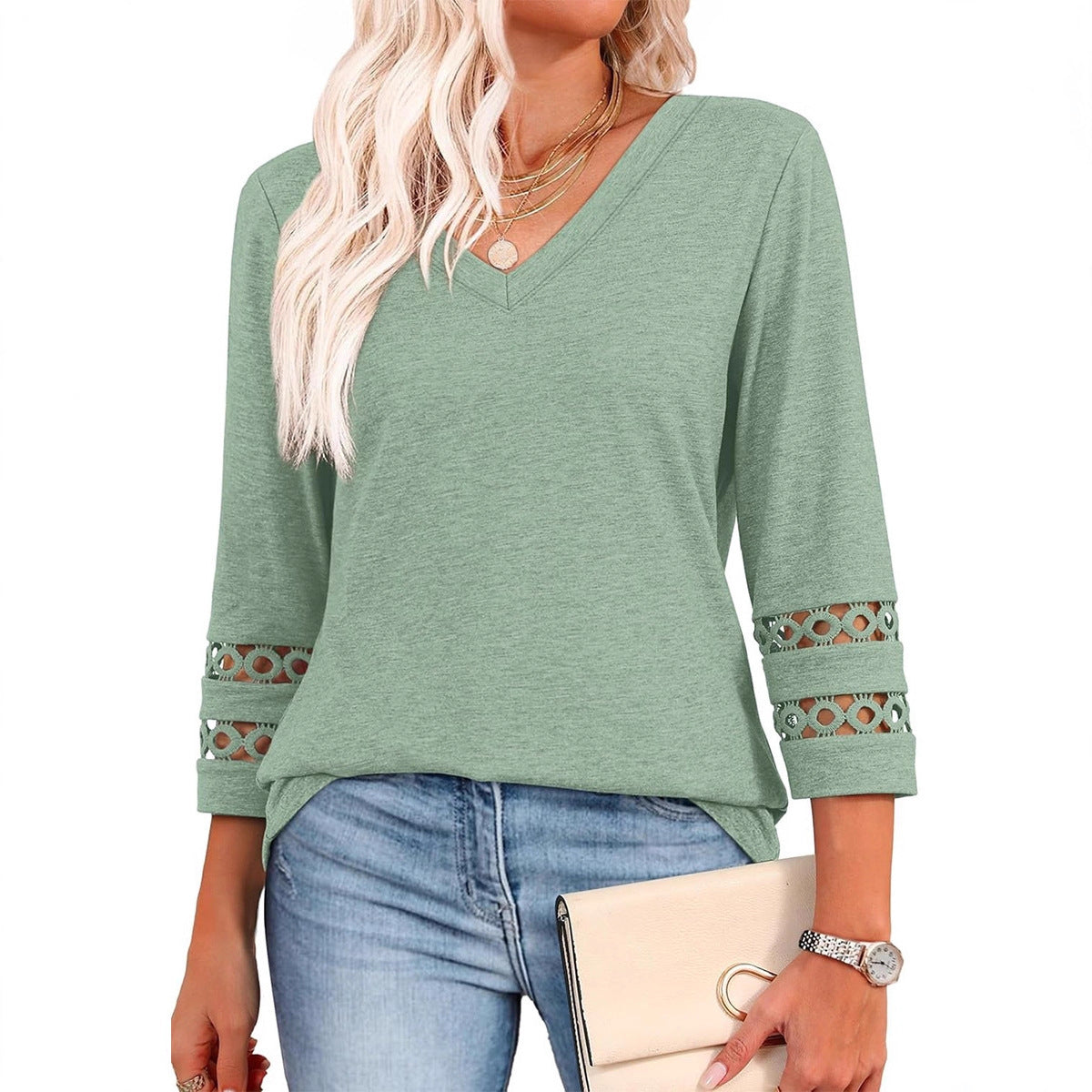 Women's V Neck 3/4 Sleeve Crochet Trim Loose Casual Blouse