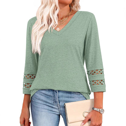 Women's V Neck 3/4 Sleeve Crochet Trim Loose Casual Blouse