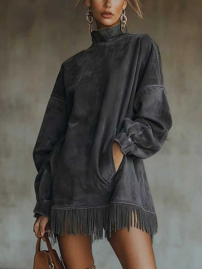 Oversized Mock Neck Suede Fringe Dress Pockets