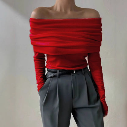 Women's Off Shoulder Draped Knit Fitted Long Sleeve Sweater