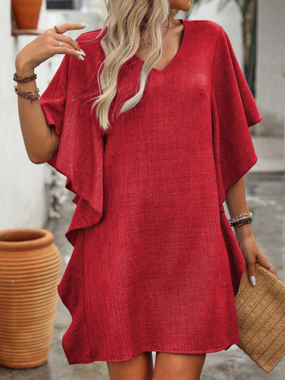 Flowy V-Neck Ruffle Sleeve Summer Dress Loose Fit