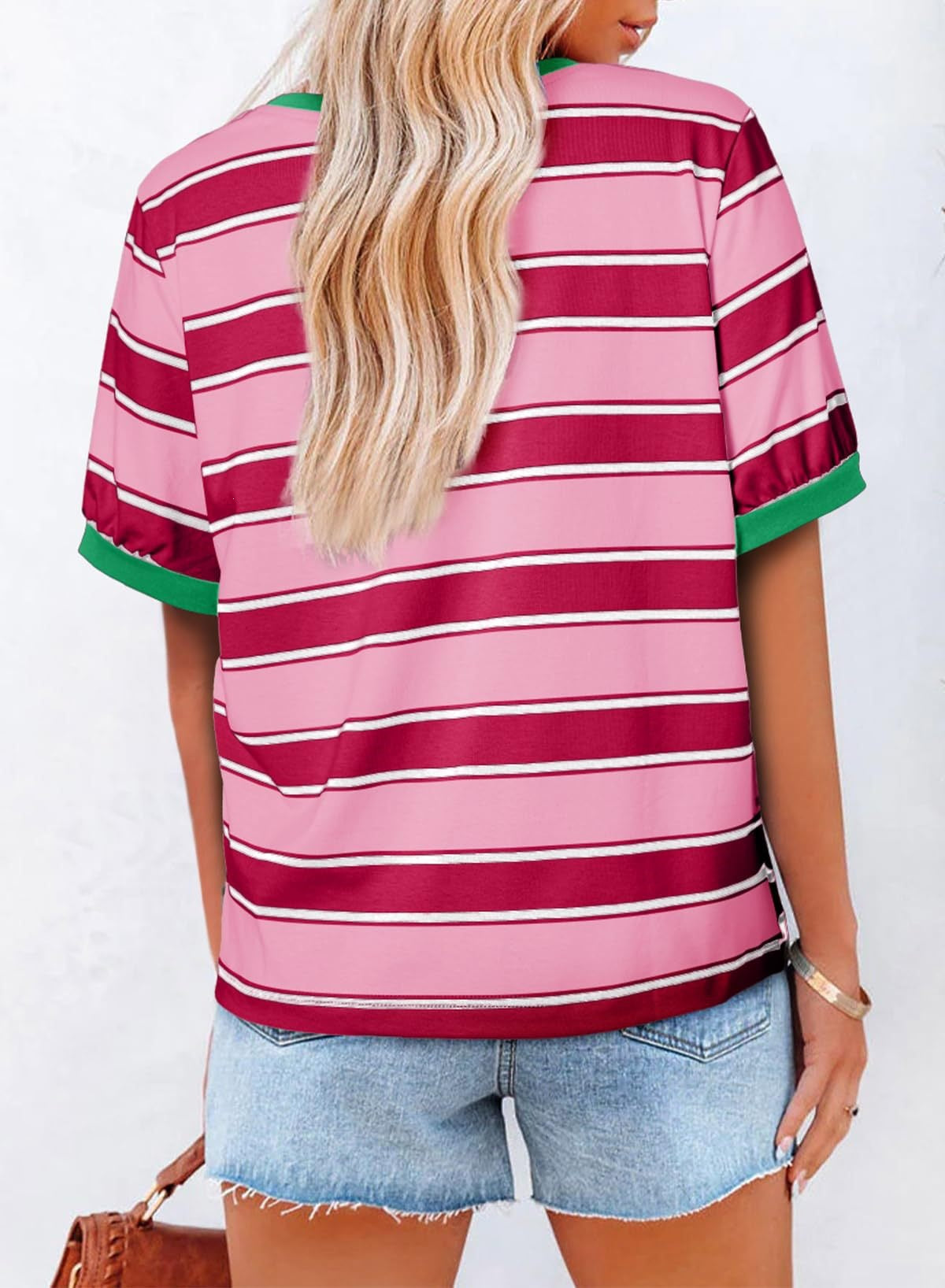 Women Striped Color Block Tee Casual Loose Fit Summer Top