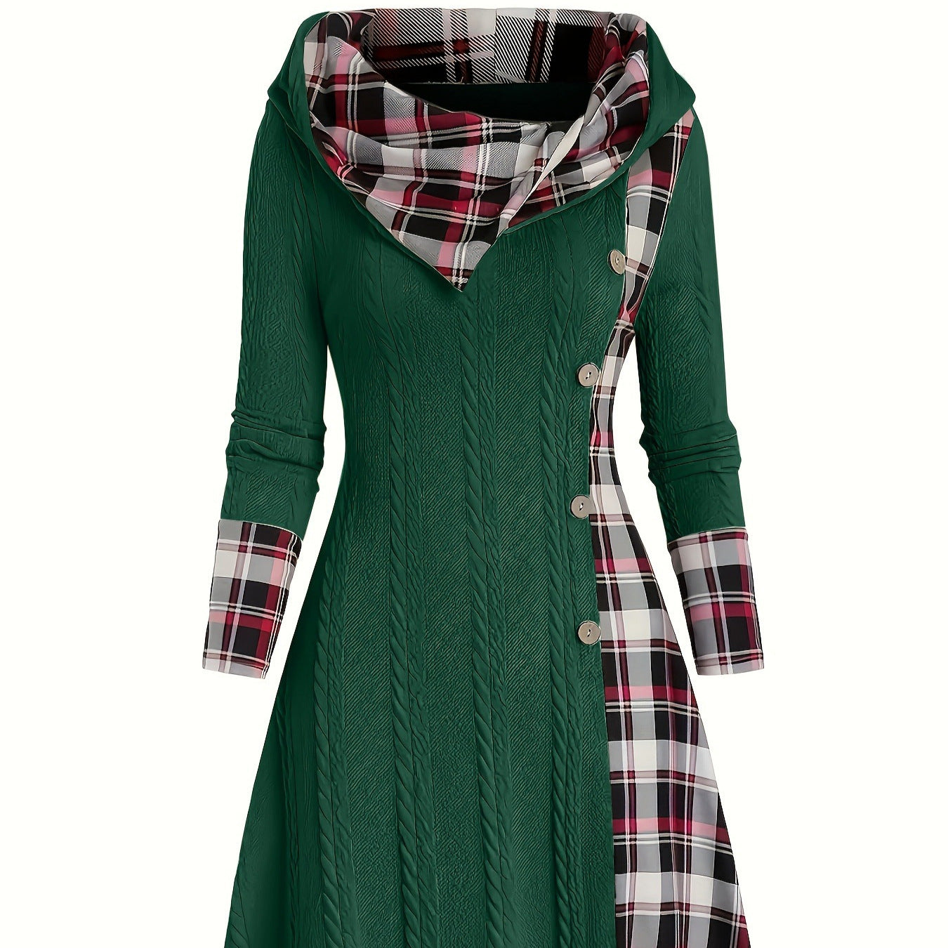 Hooded Cable Knit Sweater Dress Plaid Contrast Midi