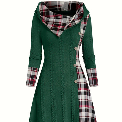 Hooded Cable Knit Sweater Dress Plaid Contrast Midi