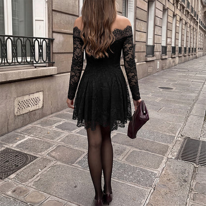 Black Lace Off Shoulder Mini Dress Long Sleeve