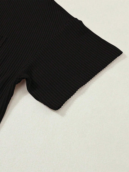 Ribbed V Neck Pocket Tee Short Sleeve Casual Top