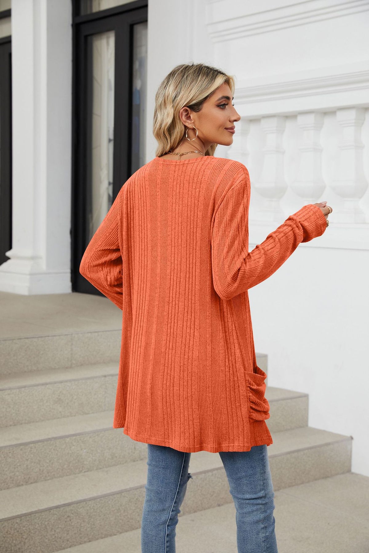 Women's Long Sleeve Ribbed Open Front Cardigan Pockets