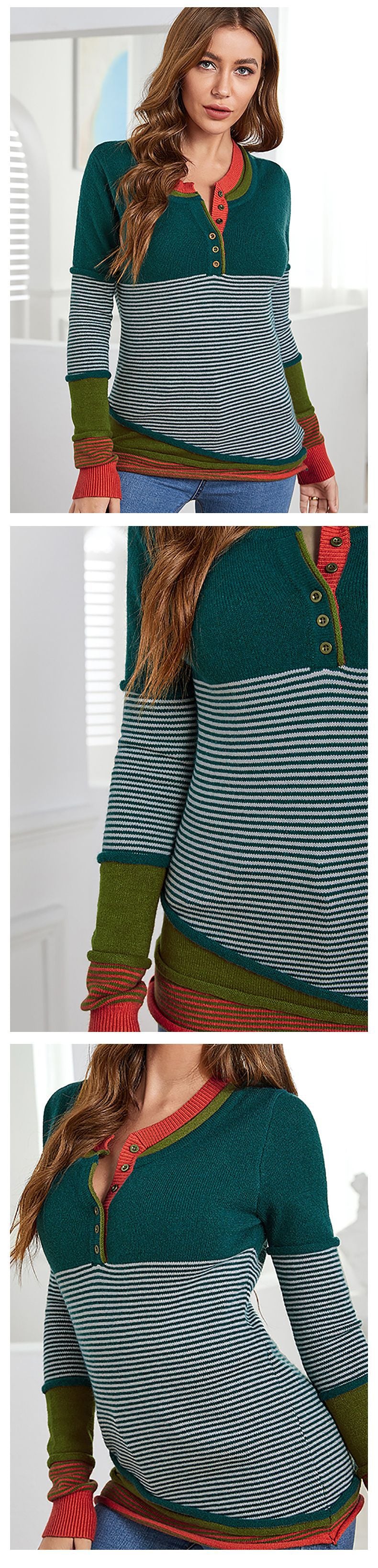 Womens Color Block Striped Henley Knit Sweater