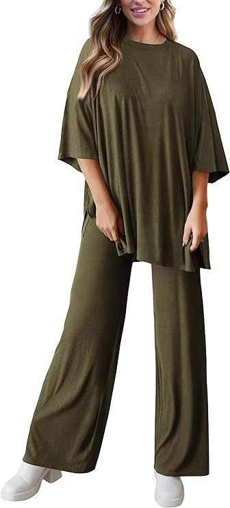 Women's 2 Piece Lounge Set Short Sleeve Top Wide Leg Pants
