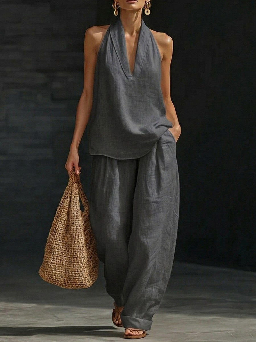 Women's Sleeveless Halter Top Wide Leg Pants Matching Set